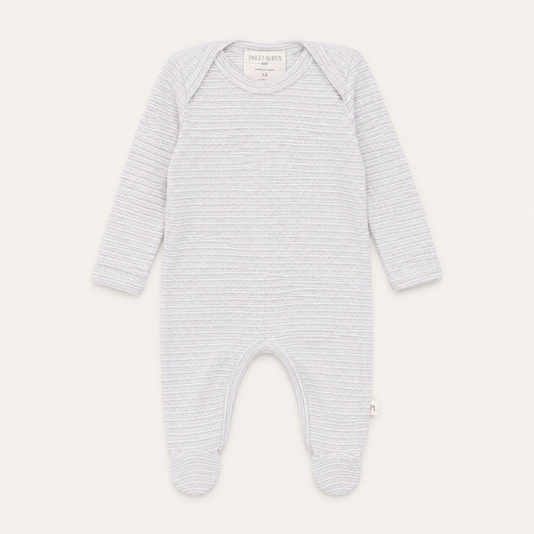 PAIGELAUREN Rib Lap Tee Footie Pajama in Heathered Gray with soft striped rib texture