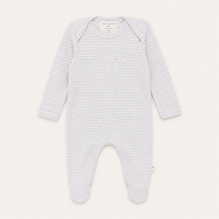 PAIGELAUREN Rib Lap Tee Footie Pajama in Heathered Gray with soft striped rib texture