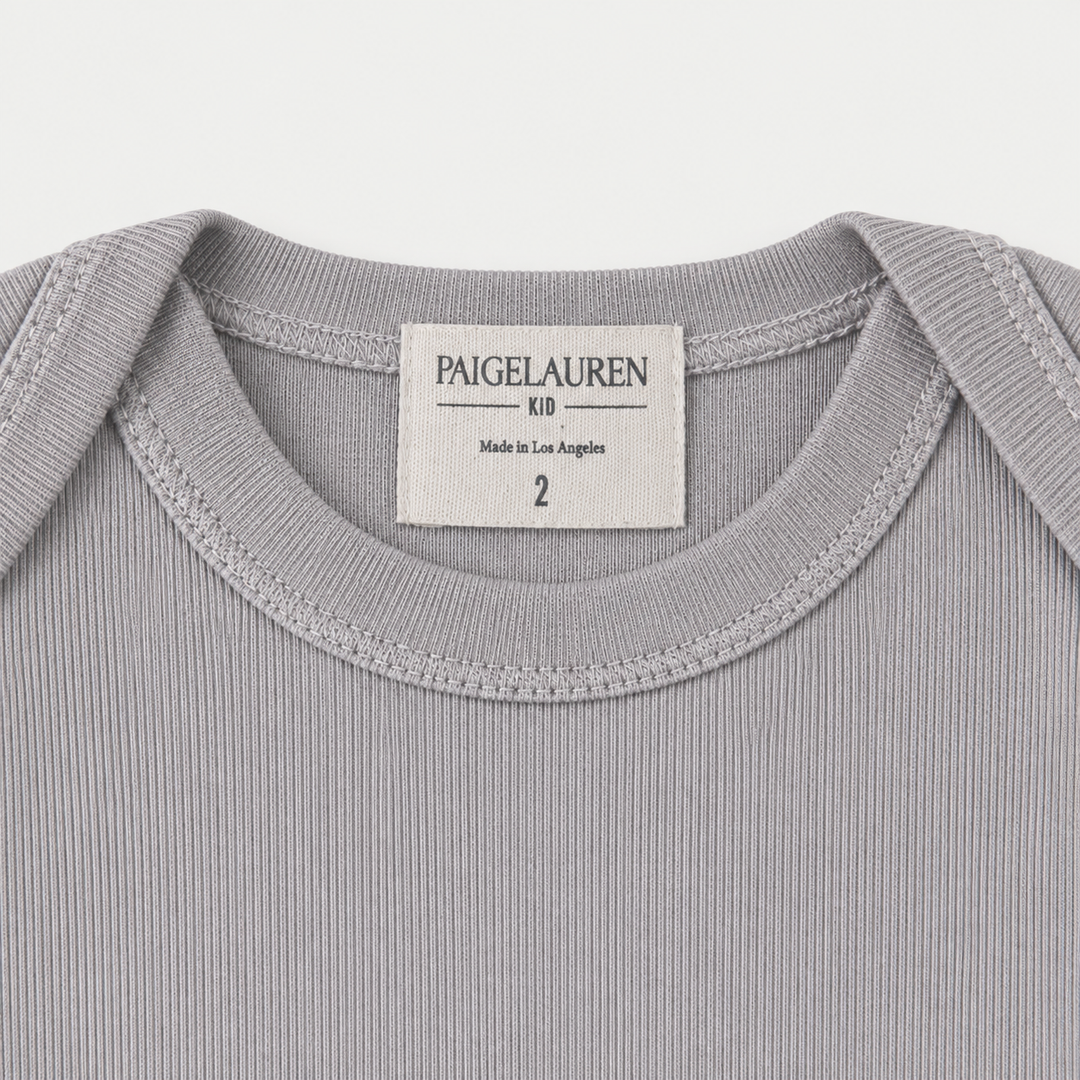 PAIGELAUREN Gray Rib Lap Tee lap shoulder neckline and label detail