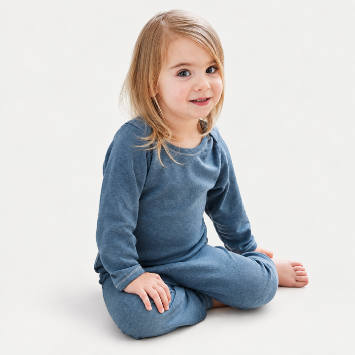 Toddler wearing PAIGELAUREN Blue Rib Lap Tee + Legging Set