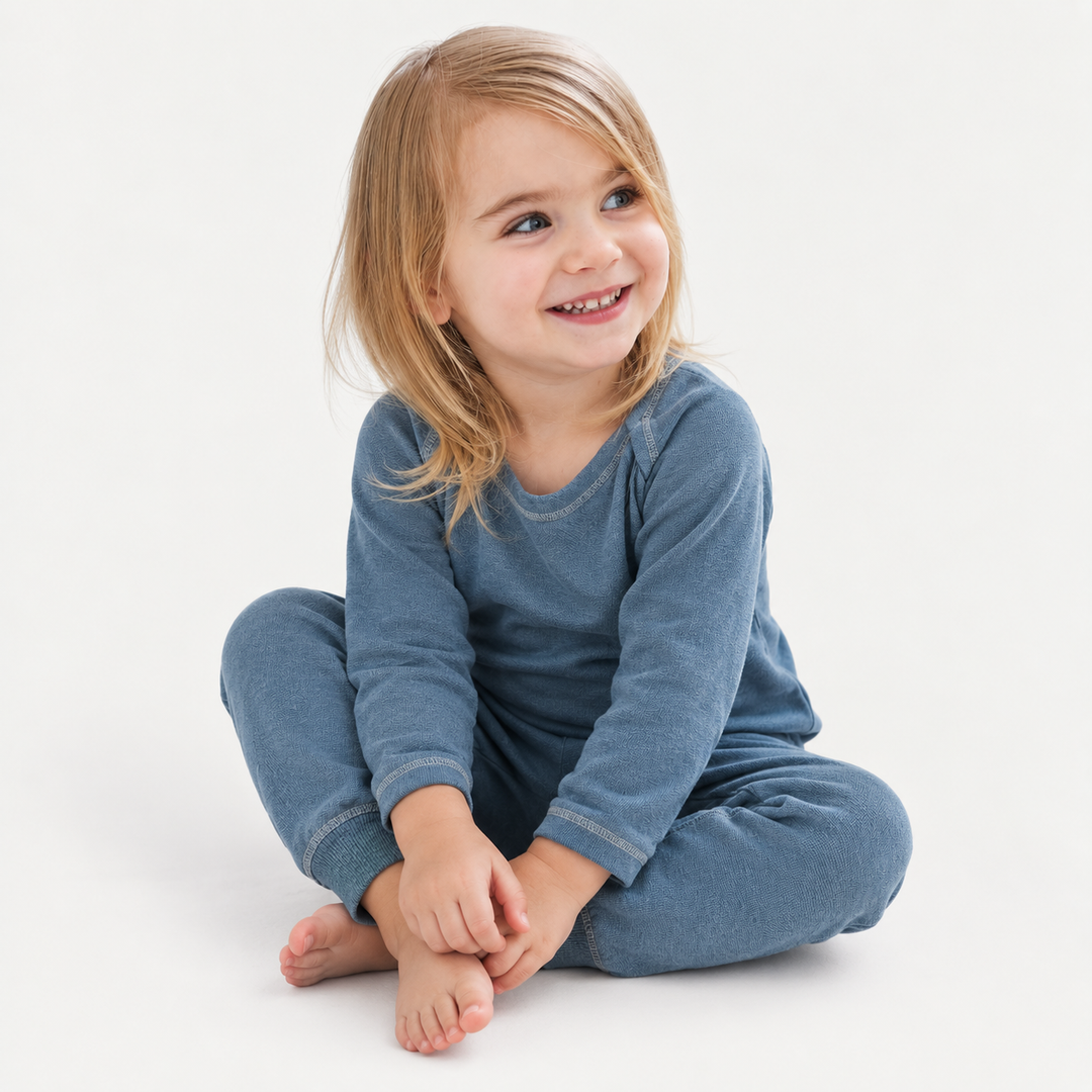 Toddler modeling PAIGELAUREN Blue Rib Lap Tee + Legging Set