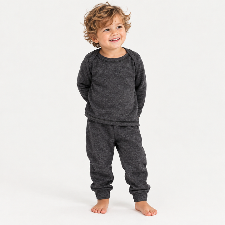 Toddler wearing PAIGELAUREN Charcoal Rib Lap Tee + Legging Set