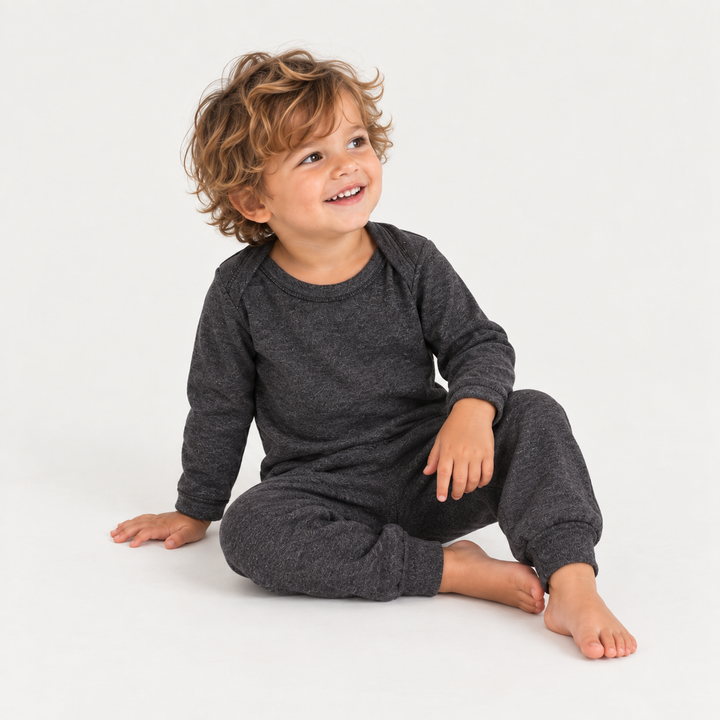 Toddler modeling PAIGELAUREN Charcoal Rib Lap Tee + Legging Set