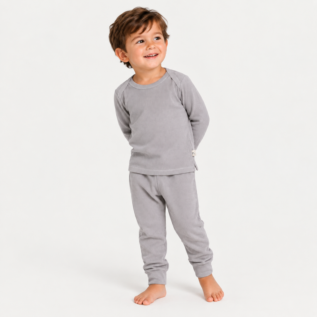 Toddler modeling PAIGELAUREN Gray Rib Lap Tee + Legging Se