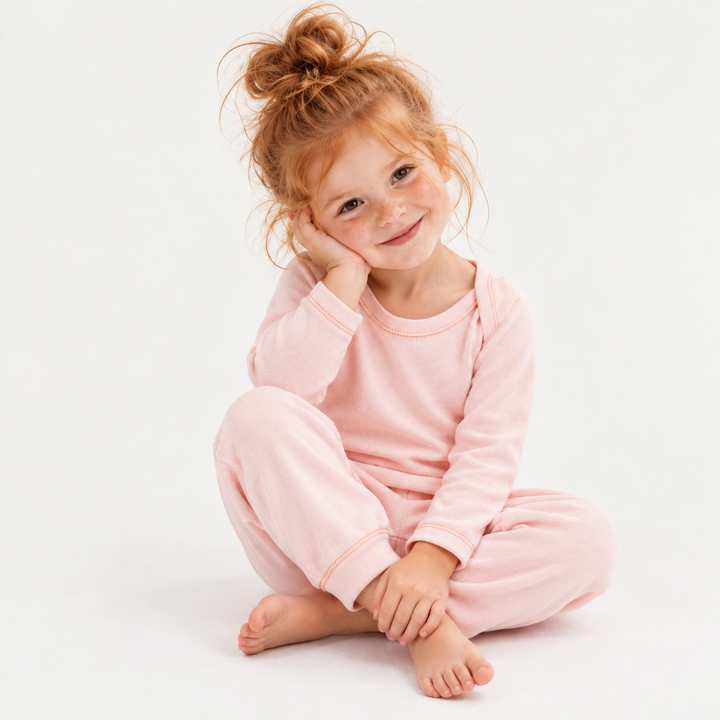 Toddler modeling PAIGELAUREN Pink Rib Lap Tee + Legging Set