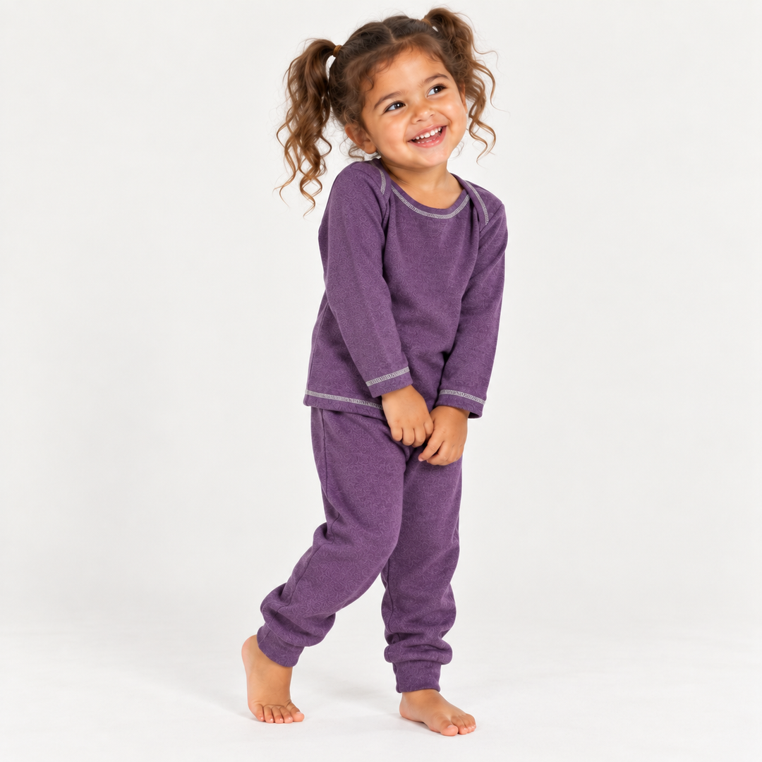 Toddler modeling PAIGELAUREN Purple Rib Lap Tee + Legging Set