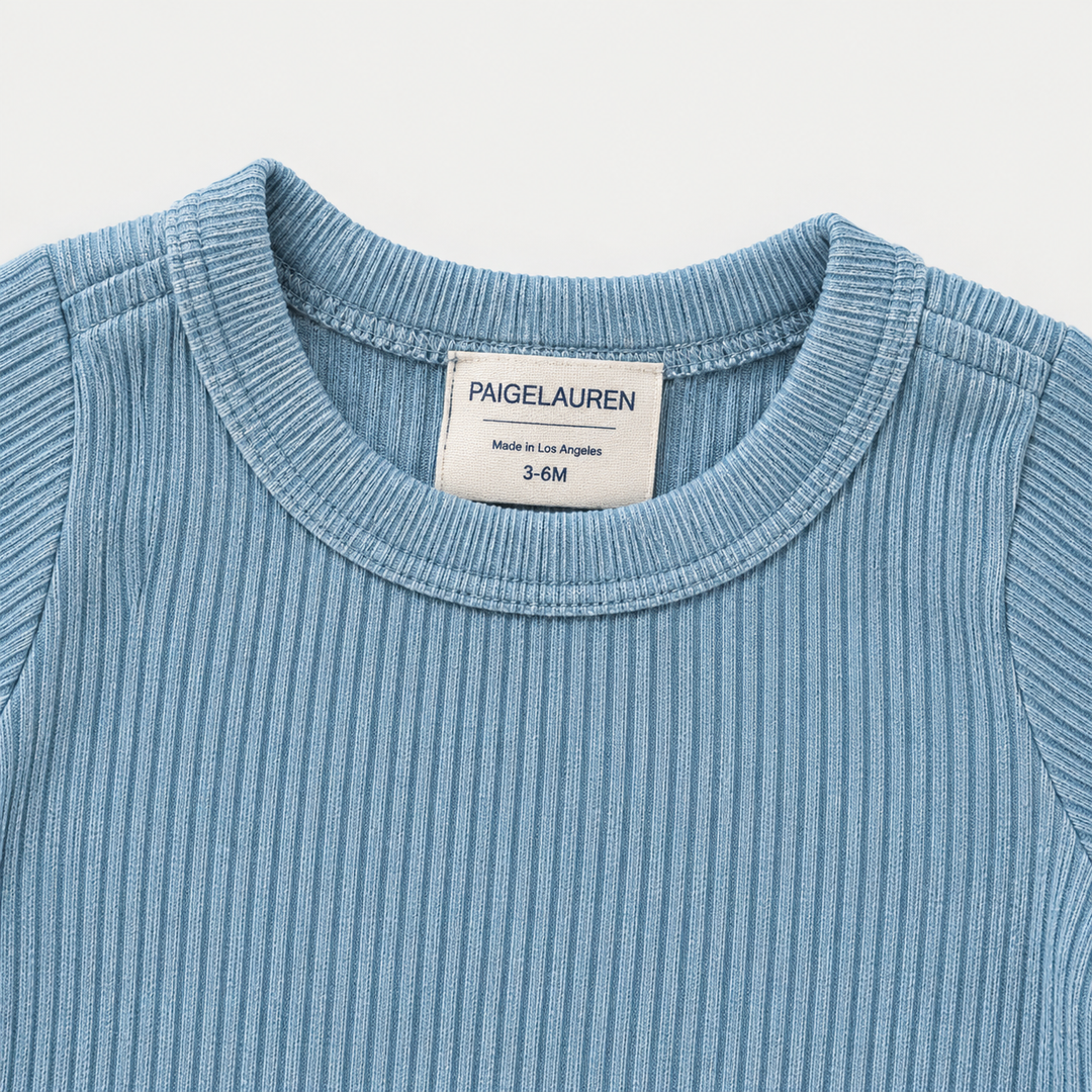 PAIGELAUREN Green Blue Rib Tee crew neckline and label detail
