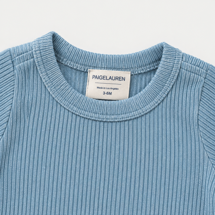 PAIGELAUREN Green Blue Rib Tee crew neckline and label detail