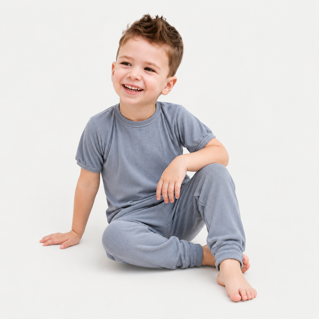 Toddler modeling PAIGELAUREN soft Gray Rib Tee + Legging Set