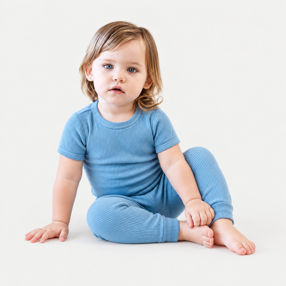 Toddler wearing PAIGELAUREN Rib Tee + Legging Set in Green Blue