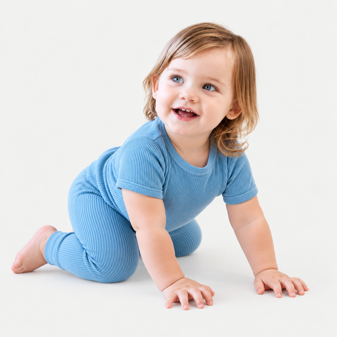 Toddler modeling PAIGELAUREN soft Green Blue Rib Tee + Legging Set