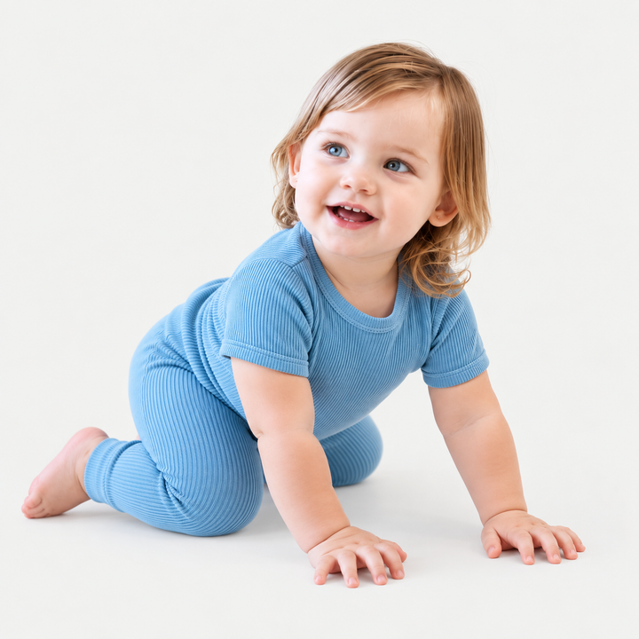 Toddler modeling PAIGELAUREN soft Green Blue Rib Tee + Legging Set