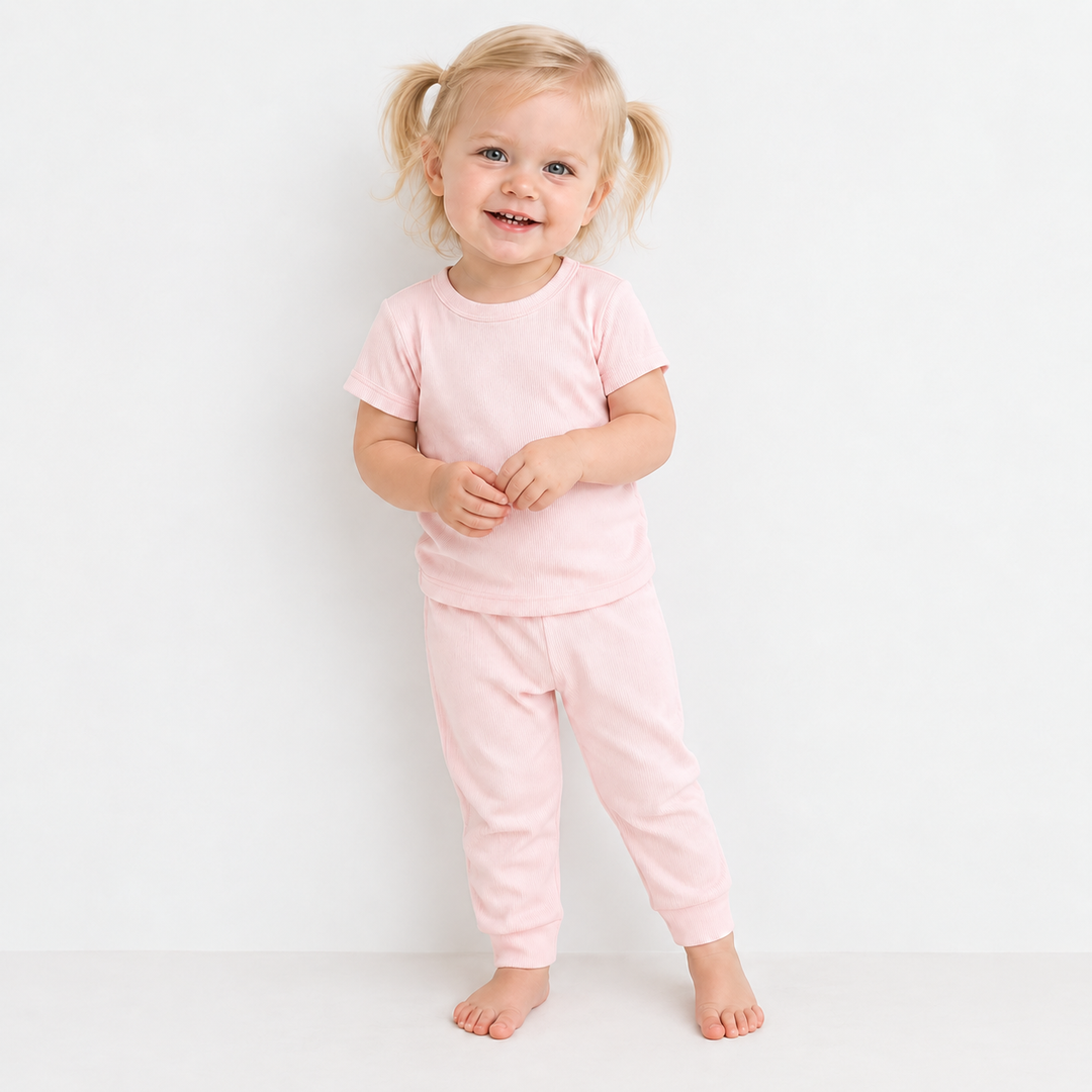 Toddler wearing PAIGELAUREN Rib Tee + Legging Set in Light Pink