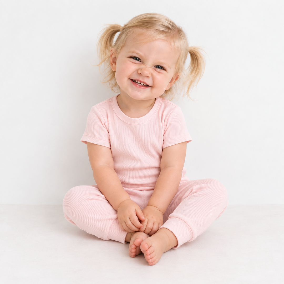 Toddler modeling PAIGELAUREN soft Light Pink Rib Tee + Legging Set