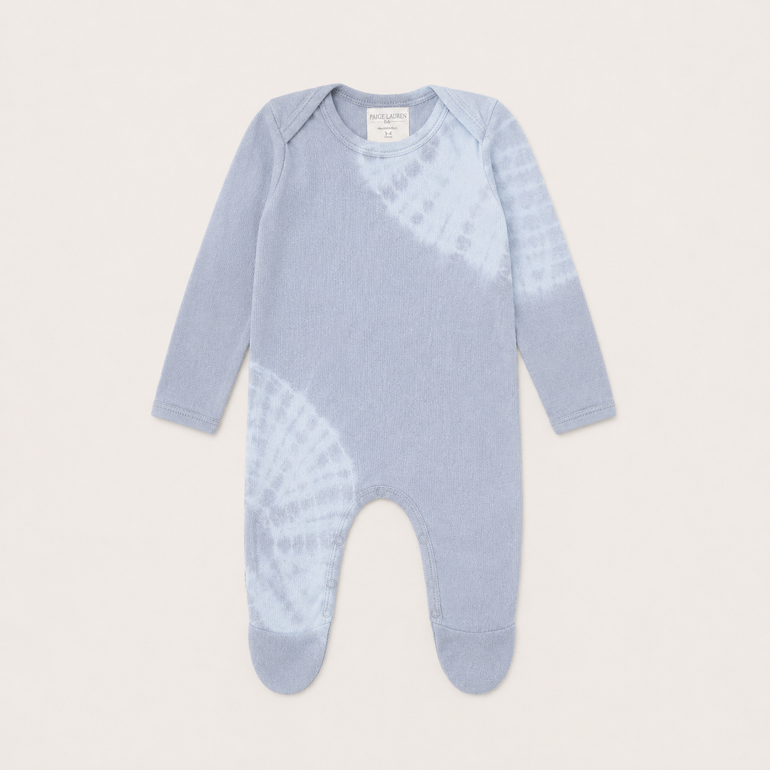 PAIGELAUREN Rib Tie Dye Pajama in gray and blue with hand-dyed color variation and built-in footies