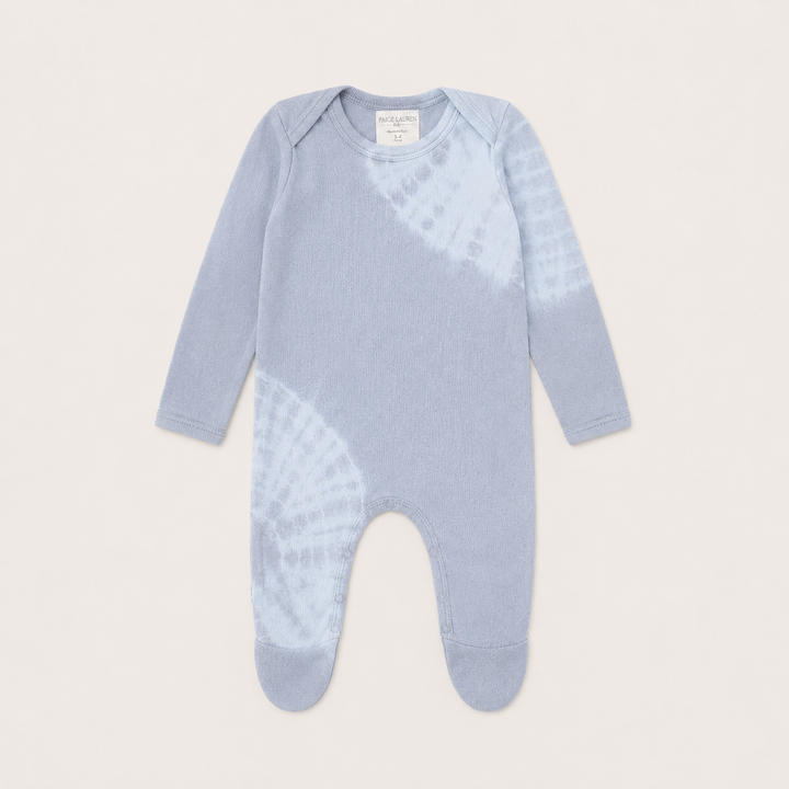 PAIGELAUREN Rib Tie Dye Pajama in gray and blue with hand-dyed color variation and built-in footies