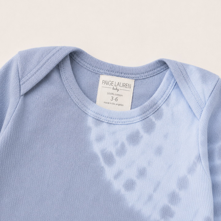 Lap shoulder neckline detail of PAIGELAUREN gray and blue Rib Tie Dye Pajama