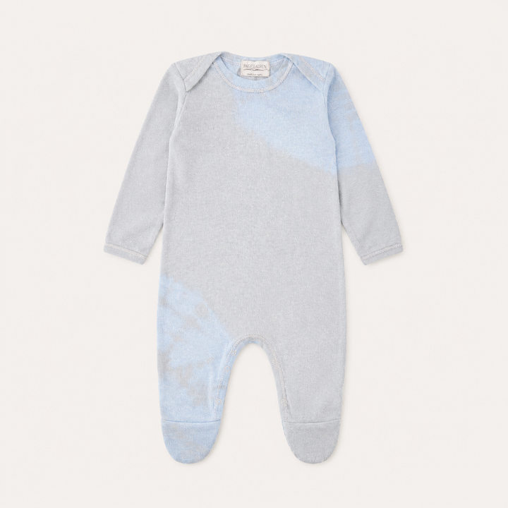 PAIGELAUREN Rib Tie Dye Pajama in oat and blue with subtle hand-dyed pattern and built-in footies