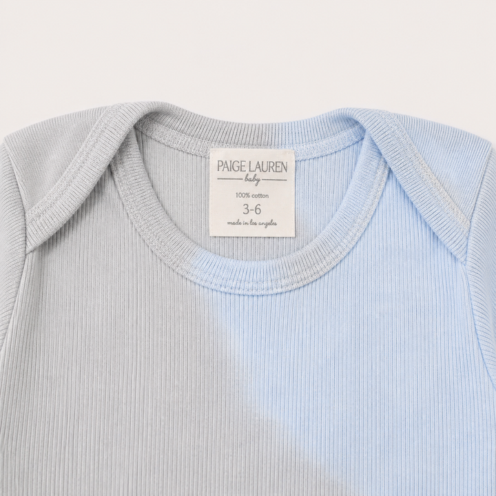 Lap shoulder neckline detail of PAIGELAUREN oat and blue Rib Tie Dye Pajama