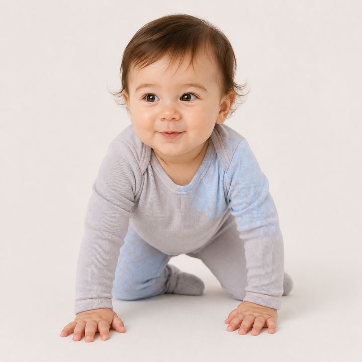 Baby crawling in PAIGELAUREN pink and blue Rib Tie Dye Footed Pajama