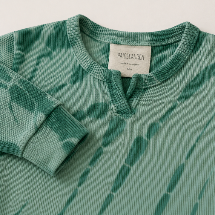 Close-up of the premium cotton rib knit with PAIGELAUREN's signature tonal tie dye finish. Green
