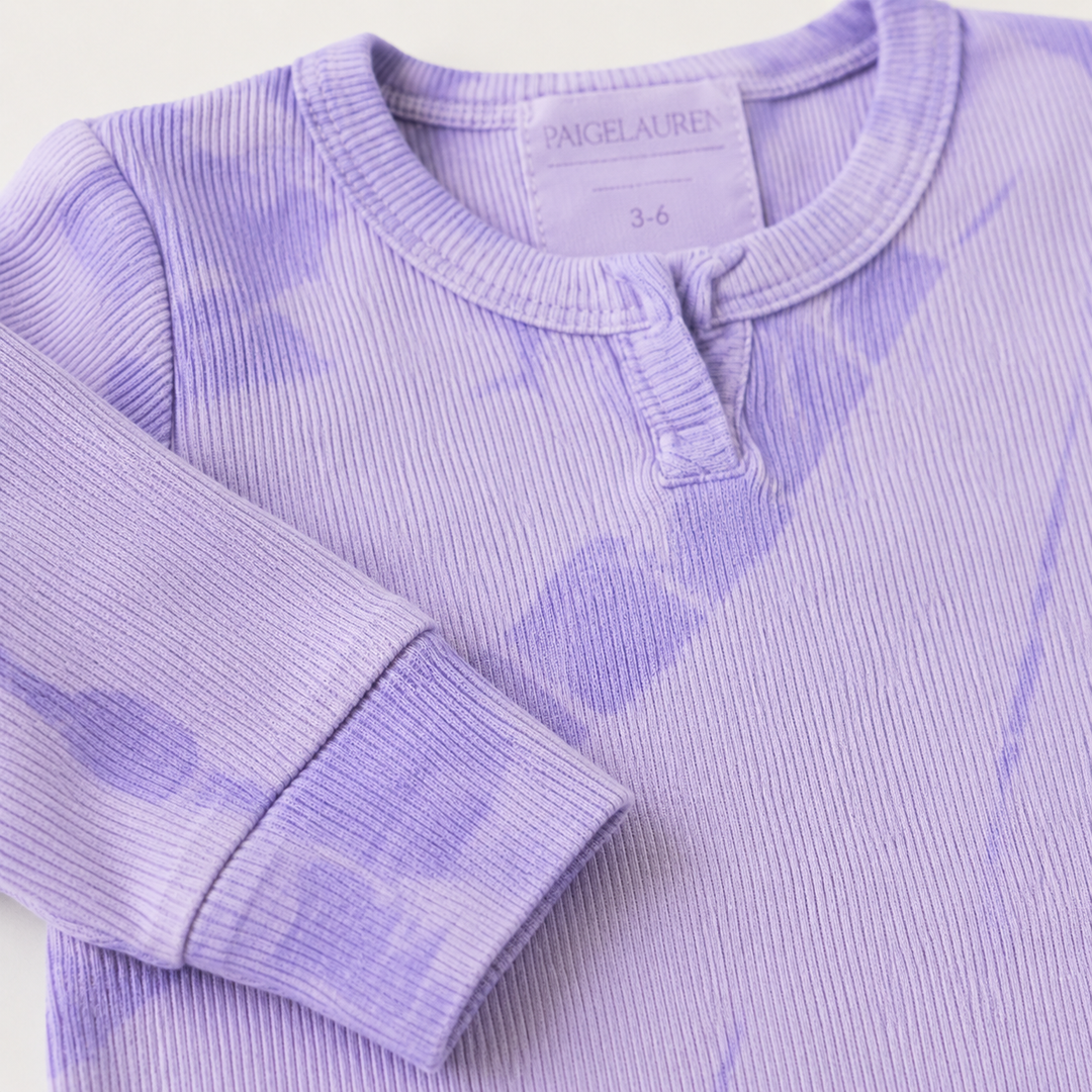 Close-up of the premium cotton rib knit with PAIGELAUREN's signature tonal tie dye finish. Lavender