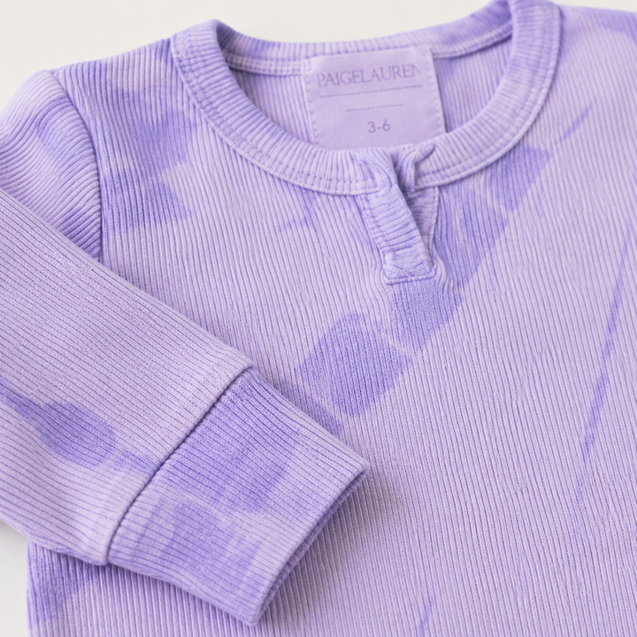 Close-up of the premium cotton rib knit with PAIGELAUREN's signature tonal tie dye finish. Lavender
