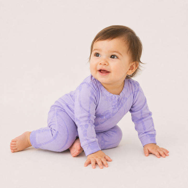 Crawling baby wearing the PAIGELAUREN Ribbed Lavender Tonal Tie Dye Henley Romper.