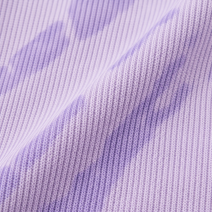 Close-up of the soft cotton rib knit and hand-dyed tonal finish. Lavender