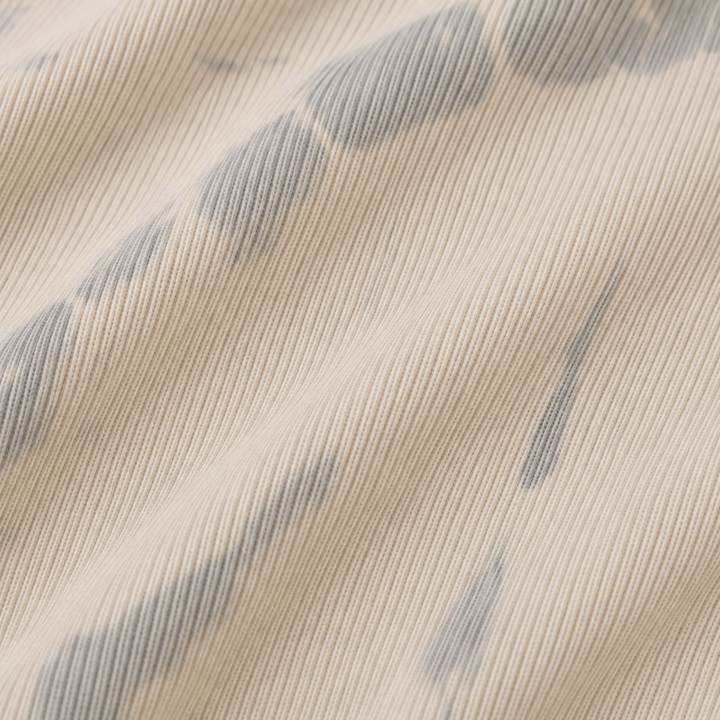 Close-up of the soft cotton rib knit and hand-dyed tonal finish. Oat