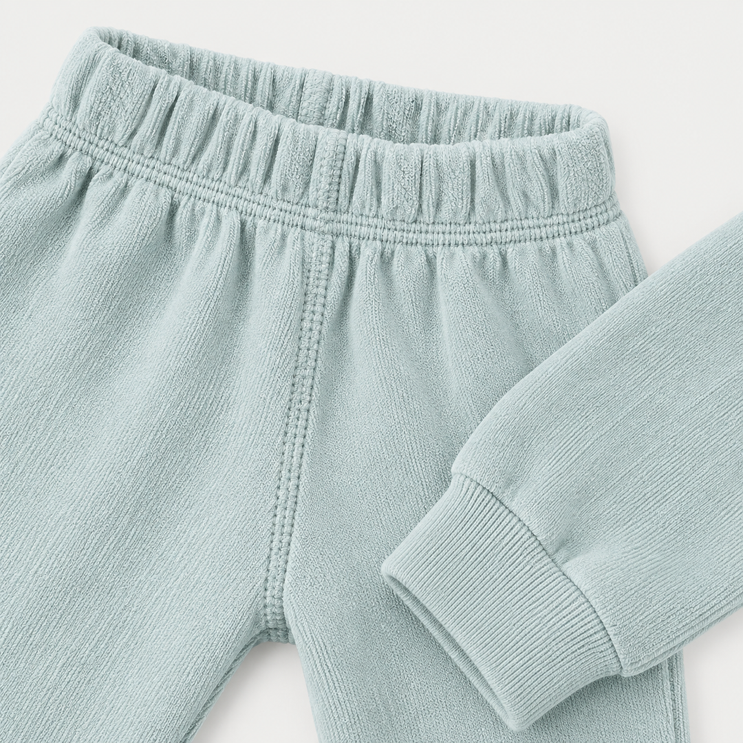 Sage Sherpa jogger elastic waistband, soft fabric and ribbed cuff detail