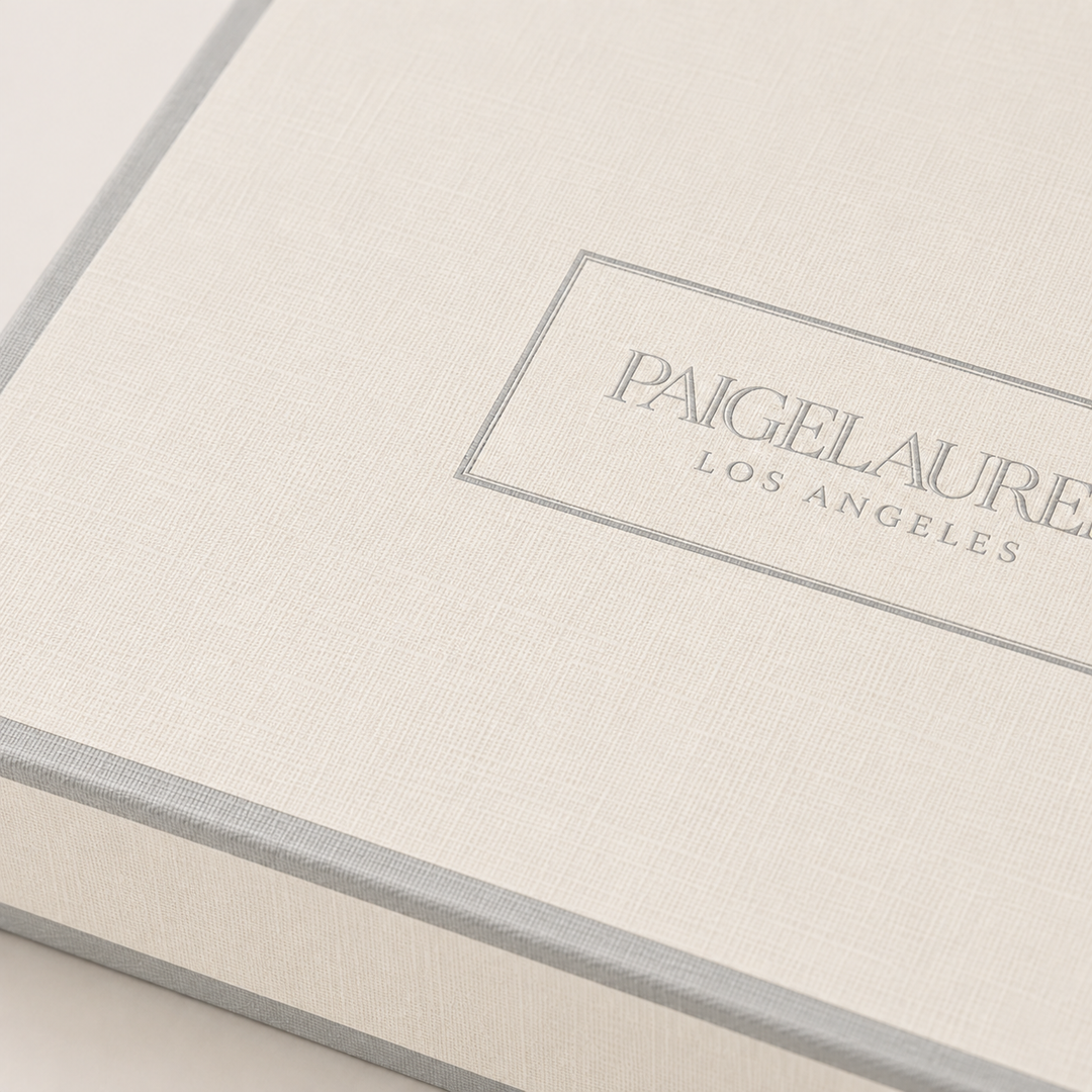Close-up of PAIGELAUREN Los Angeles logo on Signature Keepsake Gift Box