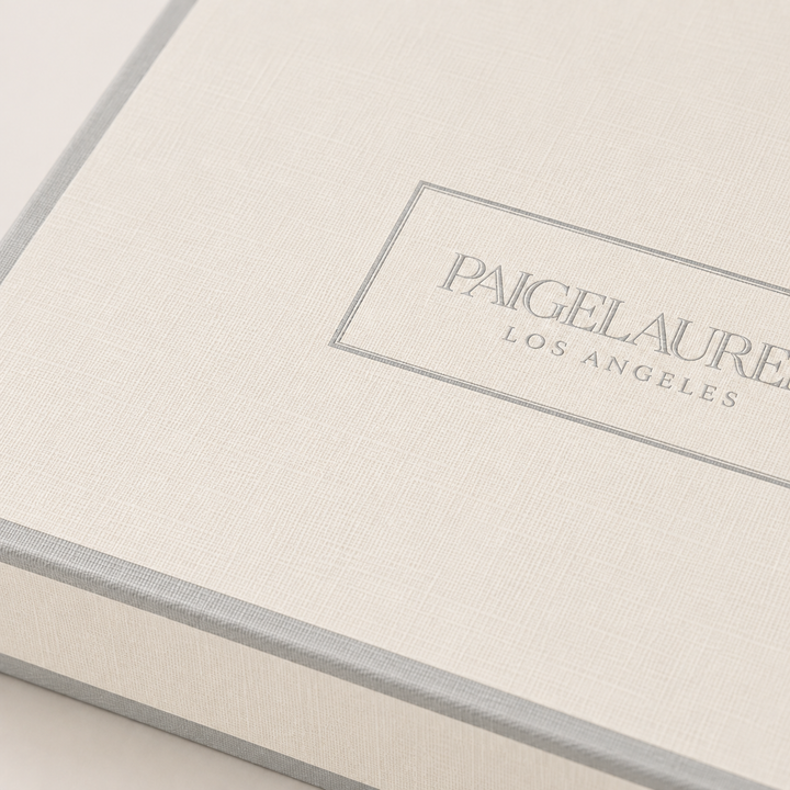 Close-up of PAIGELAUREN Los Angeles logo on Signature Keepsake Gift Box