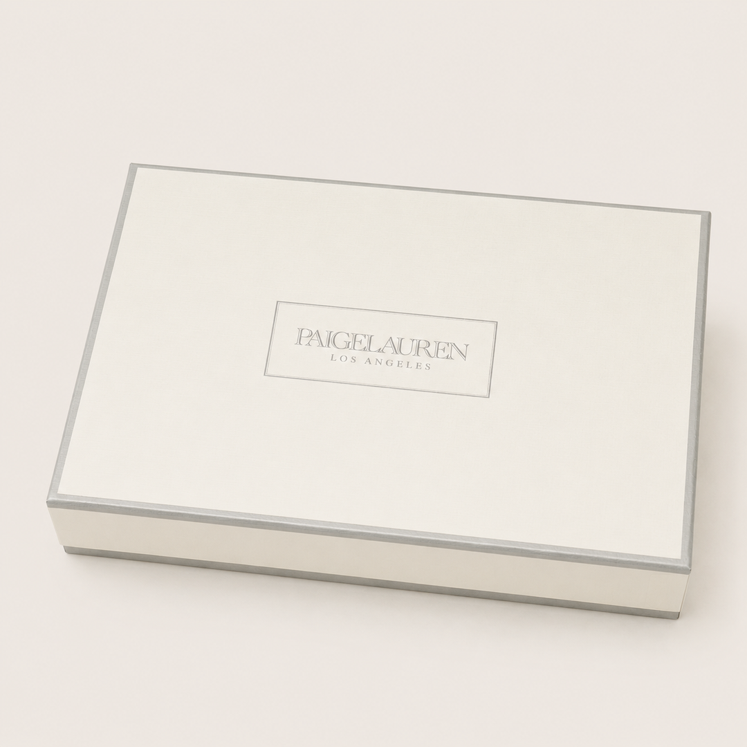 PAIGELAUREN Signature Keepsake Gift Box with ivory linen-textured finish and silver-gray detailing