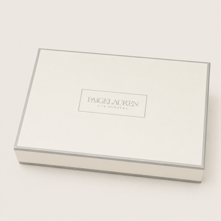 PAIGELAUREN Signature Keepsake Gift Box with ivory linen-textured finish and silver-gray detailing