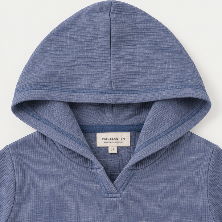 PAIGELAUREN Blue Slub Rib Hoodie neckline and label detail