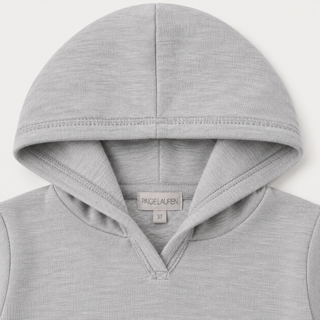 PAIGELAUREN Heather Gray Slub Rib Hoodie neckline and label detail