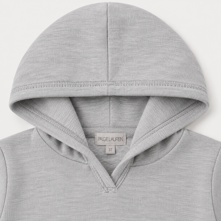 PAIGELAUREN Heather Gray Slub Rib Hoodie neckline and label detail