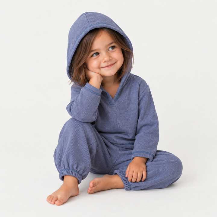 Toddler wearing PAIGELAUREN Blue Garment Dyed Slub Rib Hoodie and Baggy Pant Set