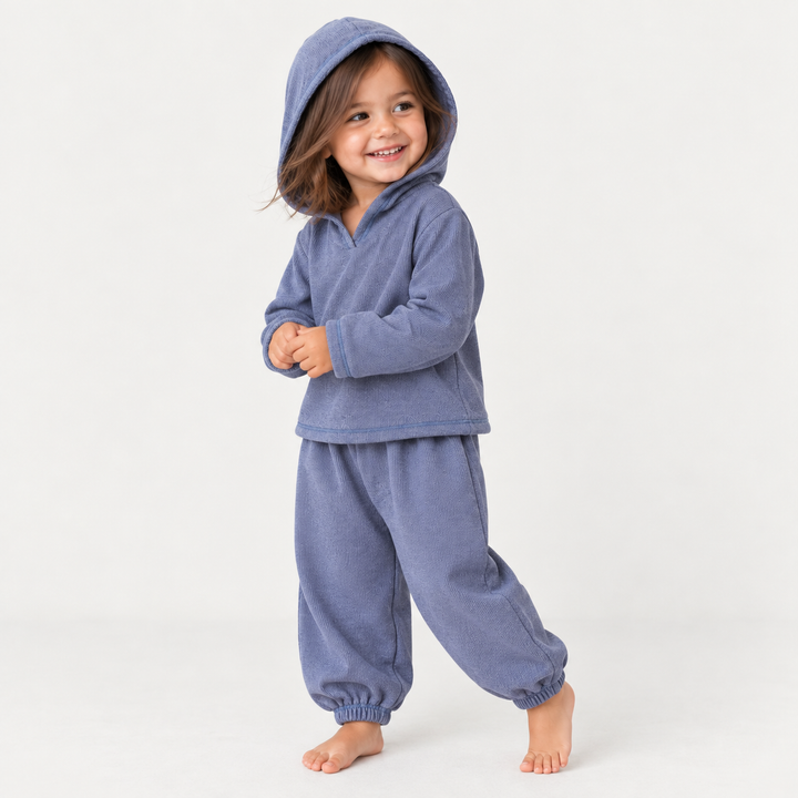 Toddler in PAIGELAUREN Blue Slub Rib Hoodie and Baggy Pant Set
