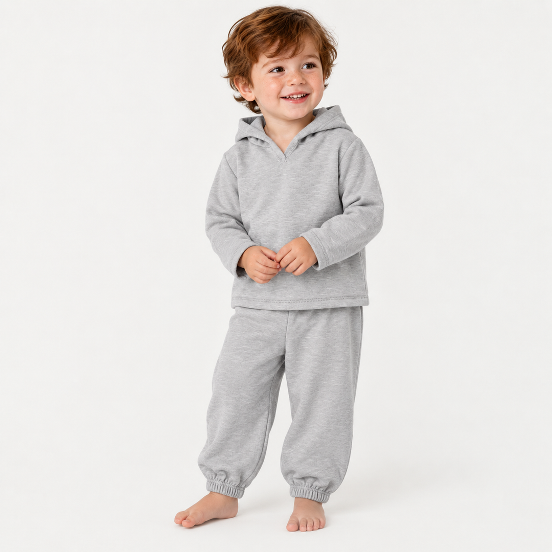 oddler wearing PAIGELAUREN Heather Gray Slub Rib Hoodie and Baggy Pant Set