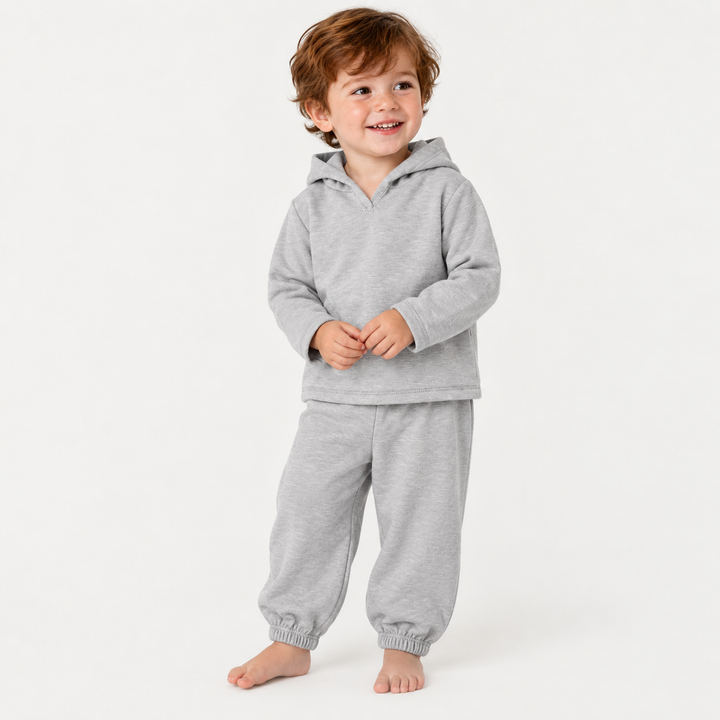 oddler wearing PAIGELAUREN Heather Gray Slub Rib Hoodie and Baggy Pant Set