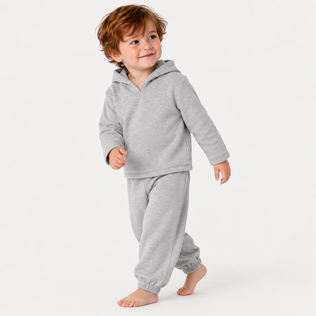Toddler in PAIGELAUREN Heather Gray Slub Rib Hoodie and Baggy Pant Set