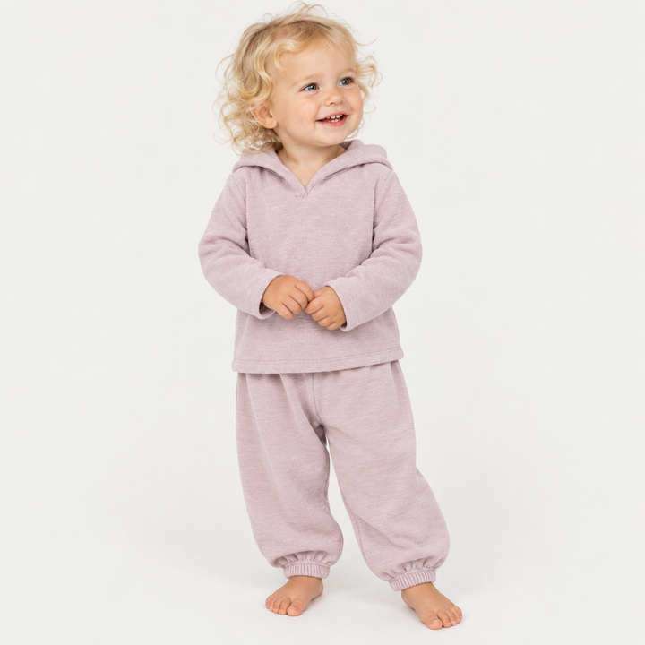 Toddler wearing PAIGELAUREN Lilac Garment Dyed Slub Rib Hoodie and Baggy Pant Set