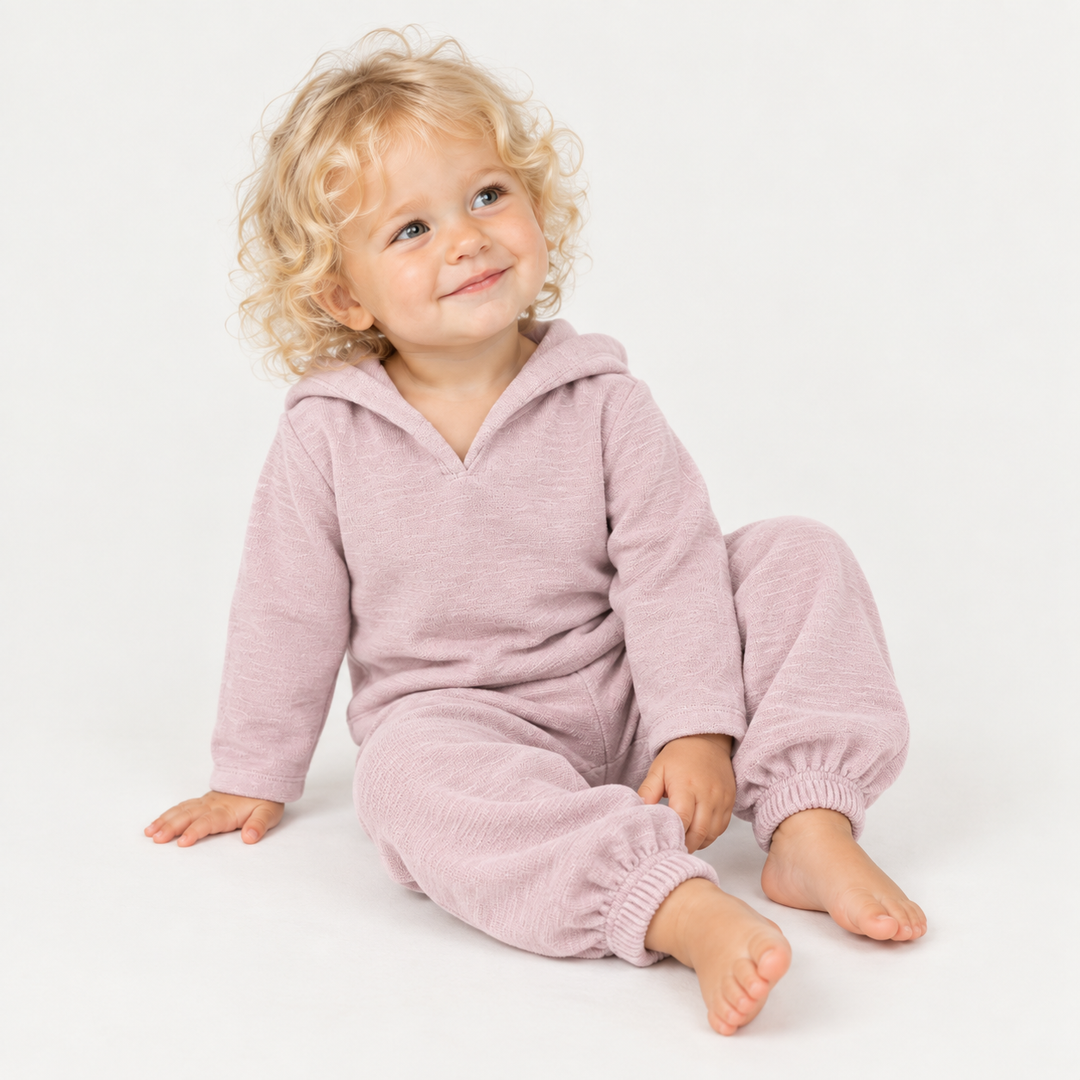 Toddler in PAIGELAUREN Lilac Slub Rib Hoodie and Baggy Pant Set
