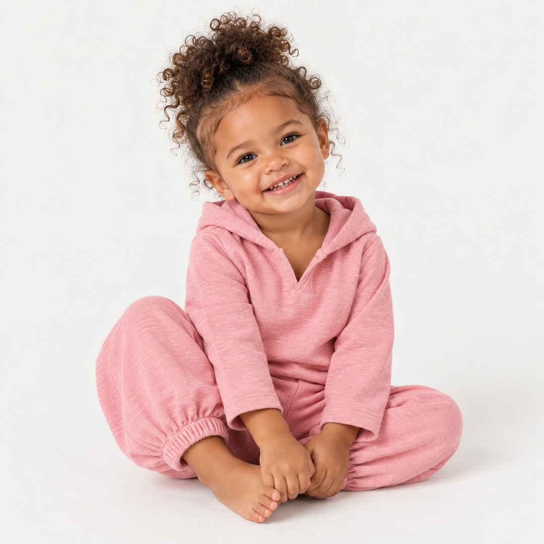Toddler wearing PAIGELAUREN Pink Garment Dyed Slub Rib Hoodie and Baggy Pant Set