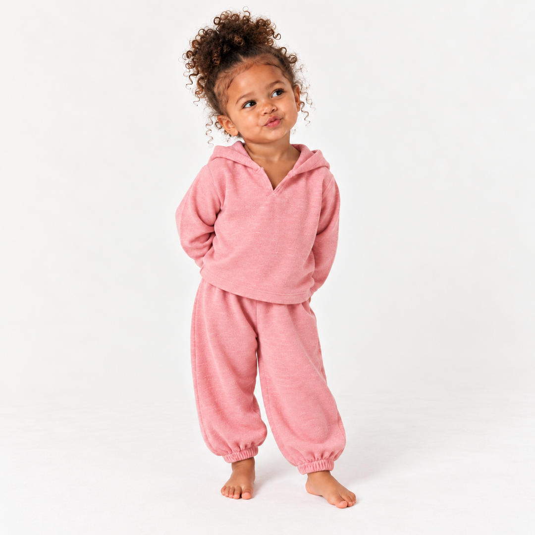 Toddler in PAIGELAUREN Pink Slub Rib Hoodie and Baggy Pant Set