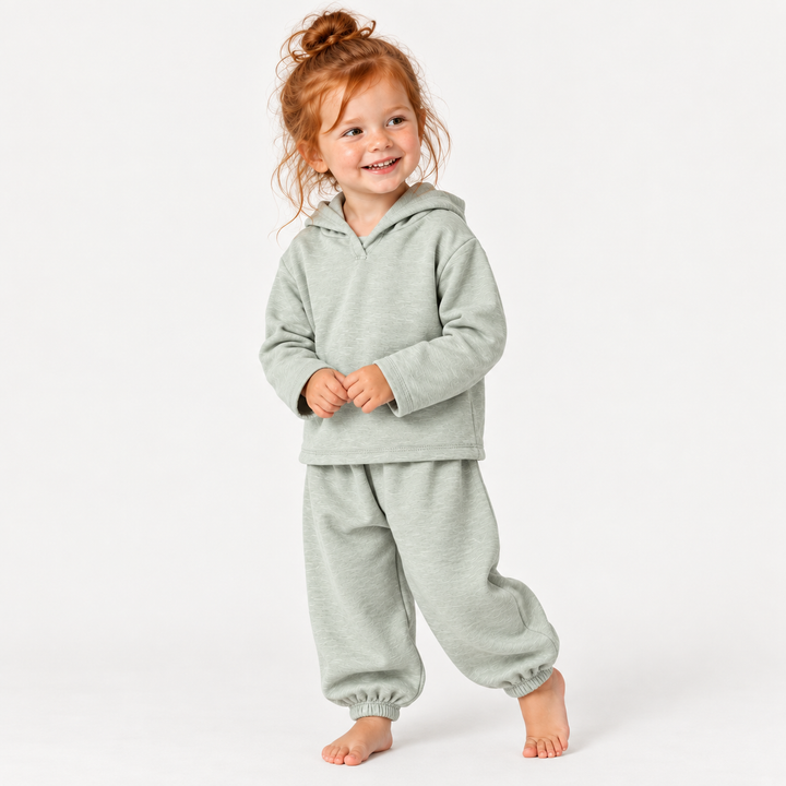 Toddler wearing PAIGELAUREN Sage Garment Dyed Slub Rib Hoodie and Baggy Pant Set