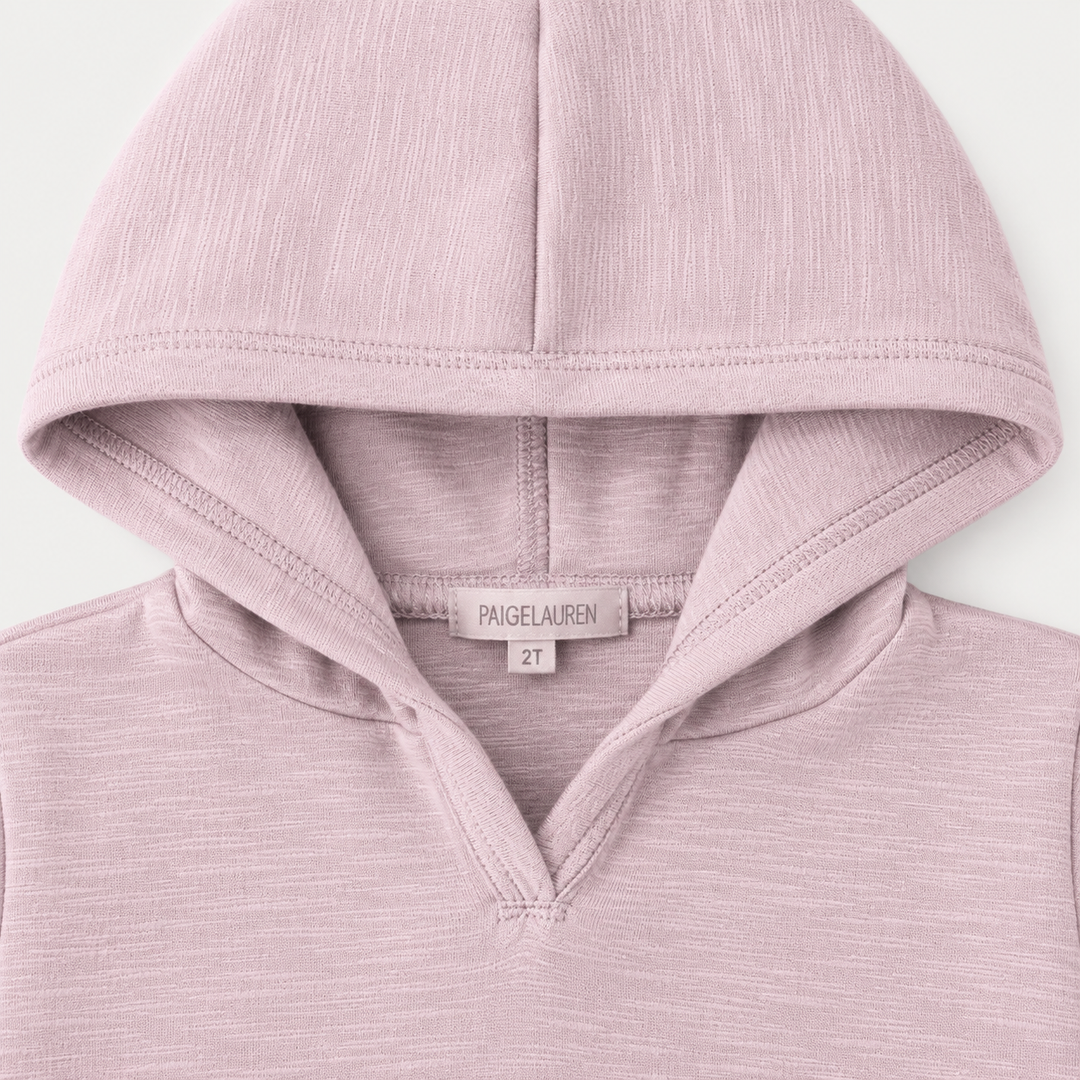 PAIGELAUREN Lilac Slub Rib Hoodie neckline and label detail