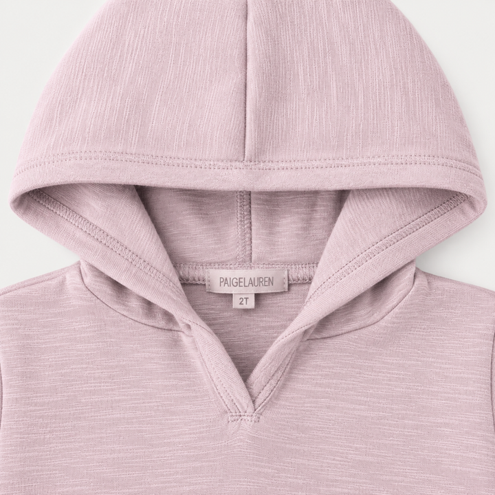 PAIGELAUREN Lilac Slub Rib Hoodie neckline and label detail